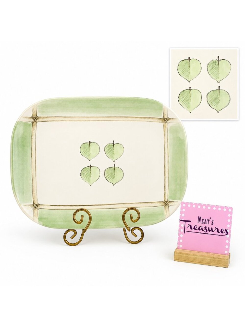 Pfaltzgraff ASPEN Arborwood Stoneware Rectangular Green White Leaf Motif Platter